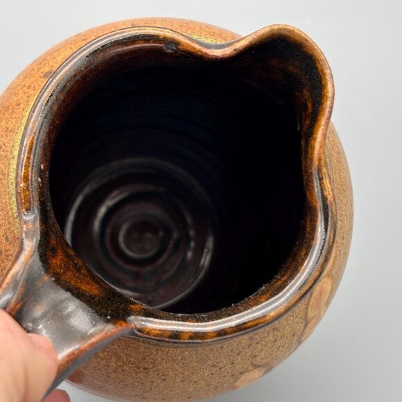 Vintage Studio Pottery Pitcher with Brown Speckled Glaze Botanical Design - Picture 6 of 8